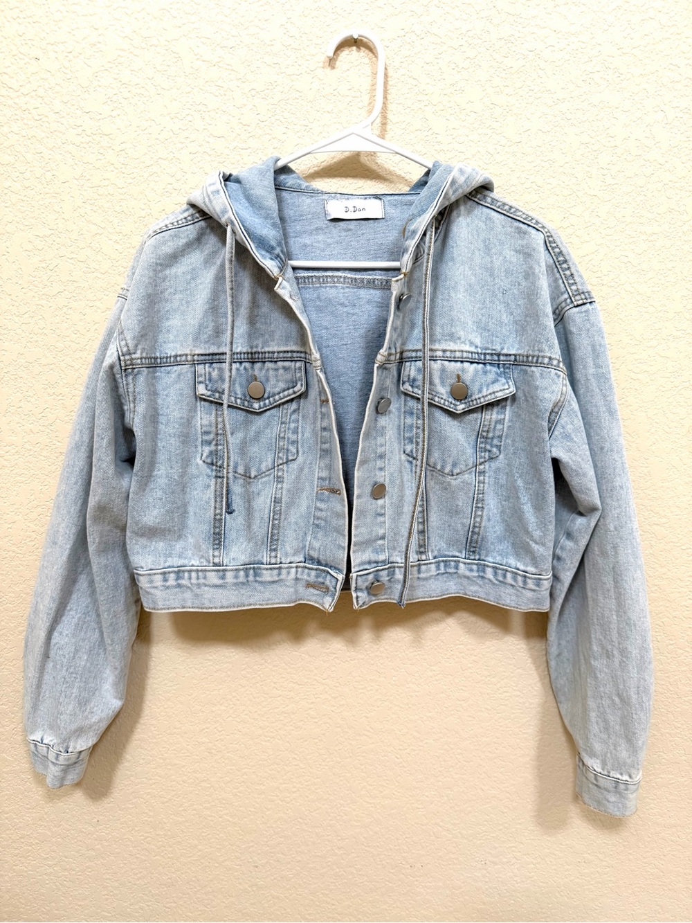 Cropped Light Wash Denim Jacket with Hood